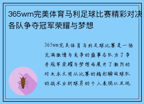 365wm完美体育马利足球比赛精彩对决各队争夺冠军荣耀与梦想