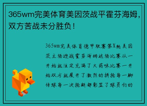 365wm完美体育美因茨战平霍芬海姆，双方苦战未分胜负！